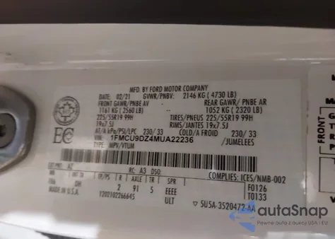 2021 Ford Escape Titanium Hybrid из США, поврежденный, VIN 1FMCU9DZ4MUA22236